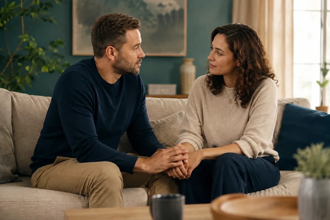 Illustrative couple making space for a conversation