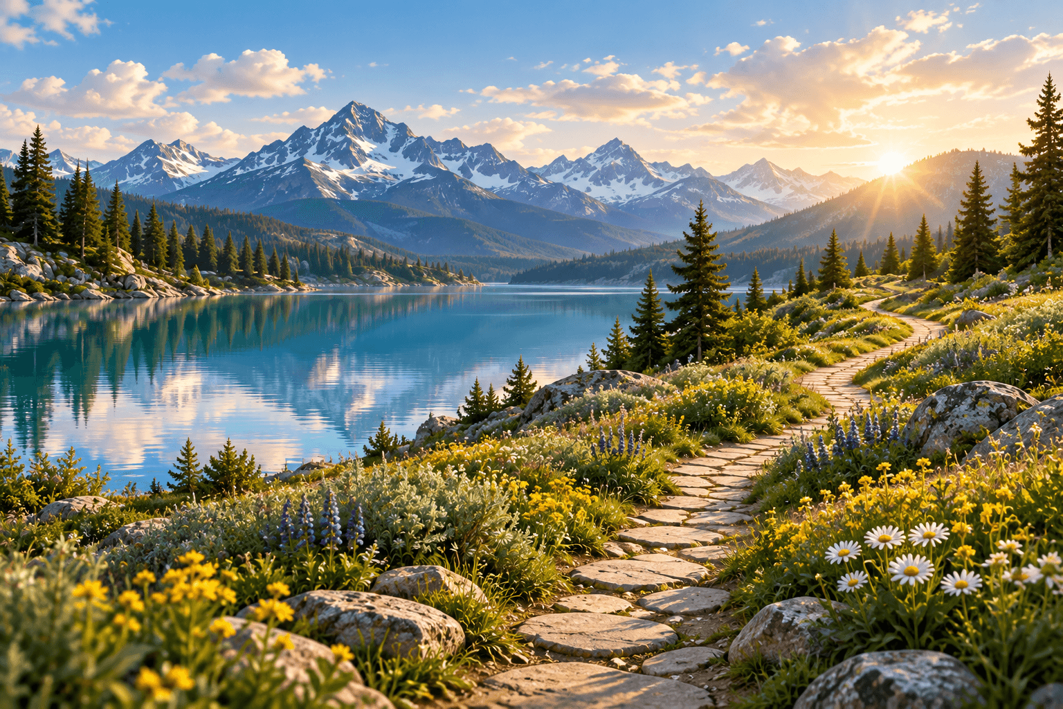 An illustrated path beside a teal lake, leading towards sunlit mountains